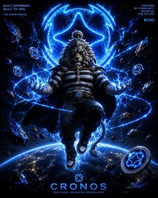 A powerful lion warrior floats above Earth amid a glowing blue cosmic backdrop, channeling energy through his hands beneath a radiant star emblem, with "$CRO" tokens orbiting him. The poster promotes "CRONOS — ONE CHAIN. UNLIMITED POSSIBILITIES." with taglines "BUILT DIFFERENT. BUILT TO WIN. THE CHAIN FOR ALL" and "POWERED BY COMMUNITY. DRIVEN BY THE FUTURE," visually symbolizing the post's message of Cronos Network reawakening with renewed strength, community-driven momentum, and a bold new era led by the $CRO token.