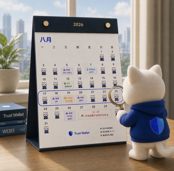 A 2026 August calendar (八月) sits on a desk with a Trust Wallet branded book next to a cute cat figurine holding a magnifying glass, marked with various crypto-related event tags like DIS/CRCL, NFP, CPI, FOMC, WMT, NVDA, and BLE.