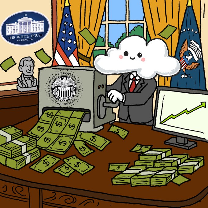 The image features a cartoon depiction of a man dressed as a businessman, sitting behind a desk with stacks of money around him. The man appears to be working on a cash register or a computer monitor, possibly managing finances or analyzing market trends. The scene is set in an office environment, and there are American flags visible in the background. The post seems to be discussing the current state of the economy, specifically focusing on the cash flow of money coming into the United States from the air.
