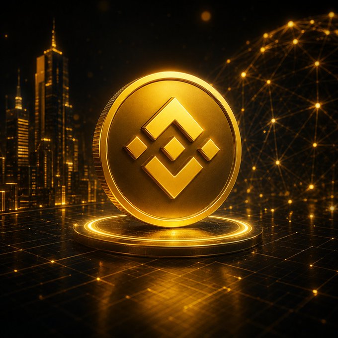 A 3D-rendered golden BNB (Binance Coin) logo displayed on a circular pedestal with a city skyline and a glowing network of connected nodes in the background.