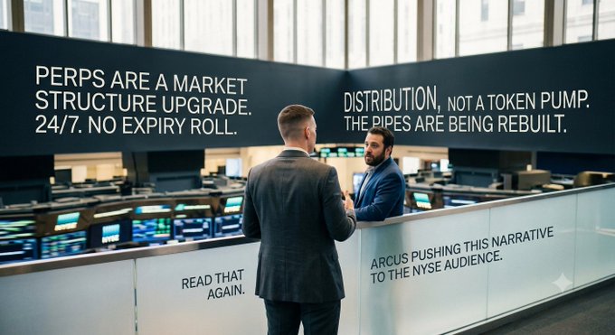 An image of two men in suits on a trading floor with overlaid text reading 'PERPS ARE A MARKET STRUCTURE UPGRADE. 24/7. NO EXPIRY ROLL. DISTRIBUTION, NOT A TOKEN PUMP. THE PIPES ARE BEING REBUILT. ARCUS PUSHING THIS NARRATIVE TO THE NYSE AUDIENCE.'
