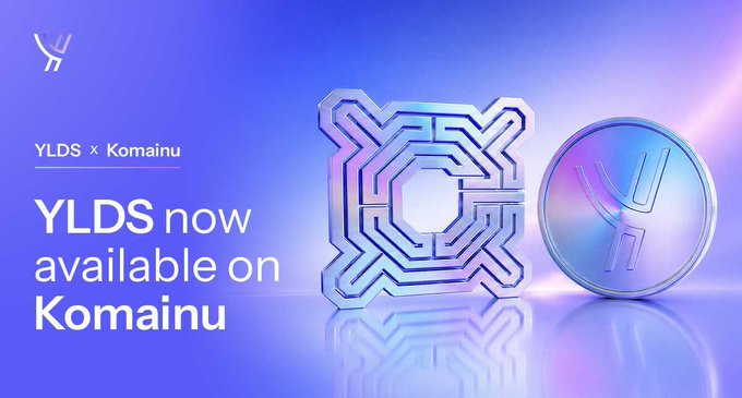 A promotional graphic announcing "YLDS now available on Komainu" featuring a metallic logo and coin design on a purple gradient background.
