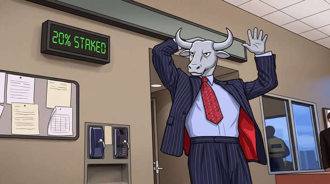 An illustration of a bull in a pinstripe suit with a red tie raising its hands, with a digital sign displaying '20% STAKED'.