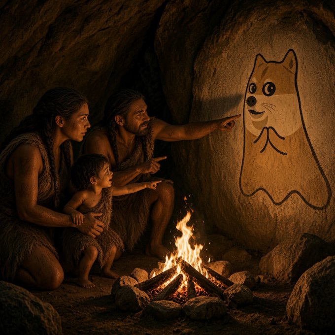 A prehistoric family in a dimly lit cave gathers around a crackling fire, pointing in awe at a primitive cave painting of a smiling Shiba Inu—the ancient ancestors of ShibuCoinSolana ($SHBIU) discovering their legendary mascot for the first time.