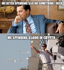 A meme with top text 'ME AFTER SPENDING $50 ON SOMETHING I NEED' showing a serious-looking man in a suit, and bottom text 'ME SPENDING $5000 IN CRYPTO' showing a man joyfully throwing money in the air.