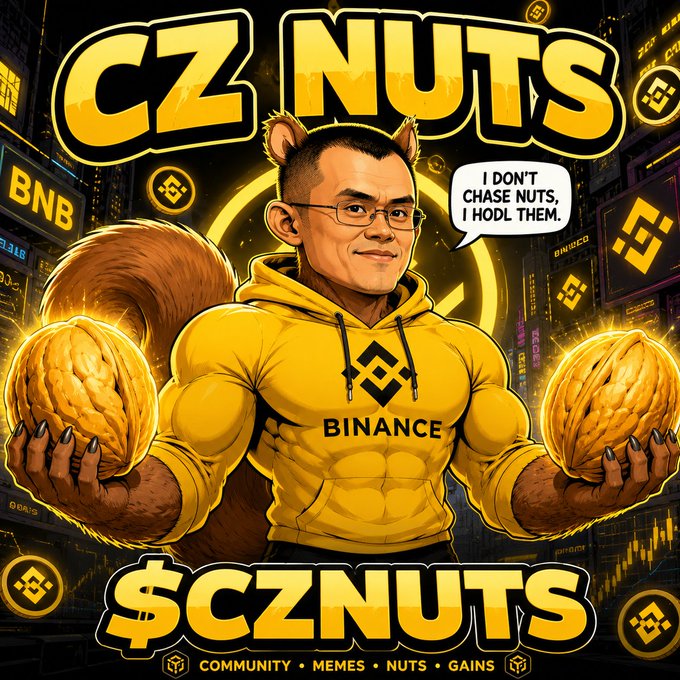 A meme image featuring a muscular squirrel-man character labeled 'BINANCE' holding golden nuts, with text 'CZ NUTS', '$CZNUTS', and a speech bubble saying 'I DON'T CHASE NUTS, I HODL THEM.'