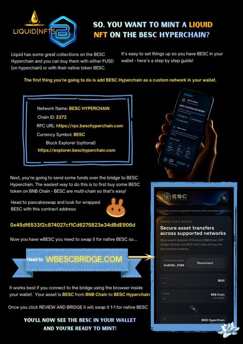 This infographic explains how to mint a Liquid NFT on the BESC Hyperchain, detailing network setup, token bridging via WBESCBRIDGE.COM, and swapping for native BESC. The accompanying post mentions excitement for @AnonNFTSX apes, implying they will be minting these NFTs.
