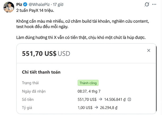 The image shows a tweet from @WhalePiz about earning $551.70 USD (14.5 million VND) in just 2 weeks on PayX by focusing on account building, content research, and hook testing daily. The accompanying post highlights @WhalePiz as a successful X (Twitter) growth case in Vietnam, with over 42k followers and earning $1k+ monthly through ambassador deals, with the payment screenshot serving as proof of their PayX earnings.