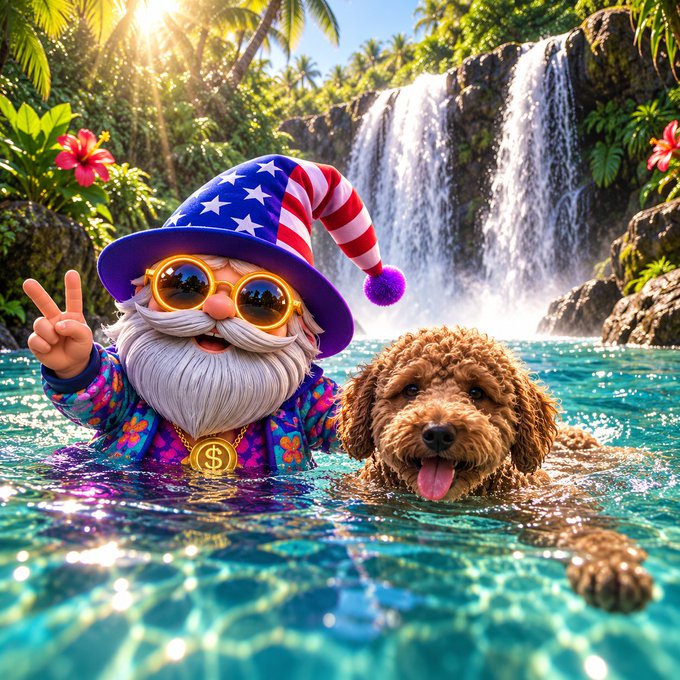A colorful 3D-rendered illustration of a gnome wearing an Uncle Sam hat and floral shirt, flashing a peace sign alongside a happy brown dog swimming in a tropical waterfall pool.