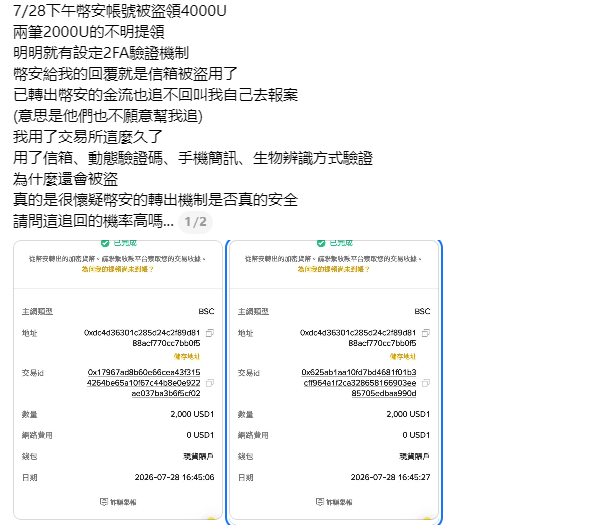 A Chinese social media post reports that on July 28, approximately 4,000 USDT was stolen from the user's Binance account despite having email, 2FA, SMS, and biometric verification enabled. The image shows two transaction records displaying the withdrawals of 2,000 USDT each (totaling 4,000 USDT) from Binance to a suspicious address (0x17967...f9d3), timestamped 16:45:06 and 16:45:27 on 2026-07-28, highlighting concerns about Binance's security measures.