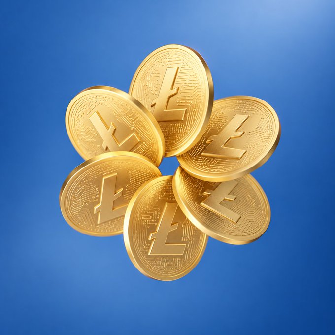 Five shiny gold Litecoin coins, each engraved with the distinctive "Ł" symbol and intricate circuit-like patterns, are clustered together against a vibrant blue background, symbolizing the developers' ongoing efforts and dedication to advancing the cryptocurrency project.