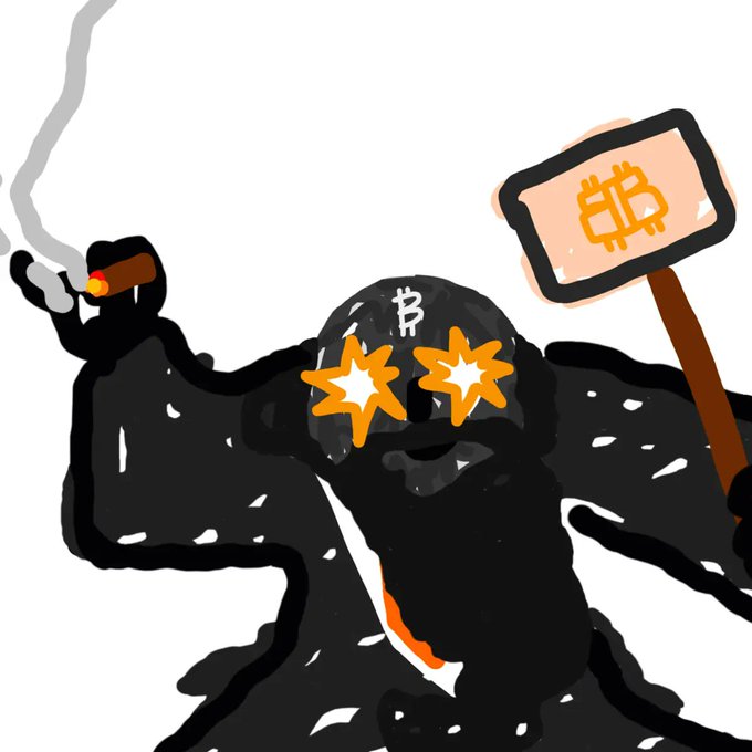 A cartoon drawing of a figure with a Bitcoin symbol on its head, star-shaped eyes, smoking a cigar, and holding a sign with another Bitcoin symbol.