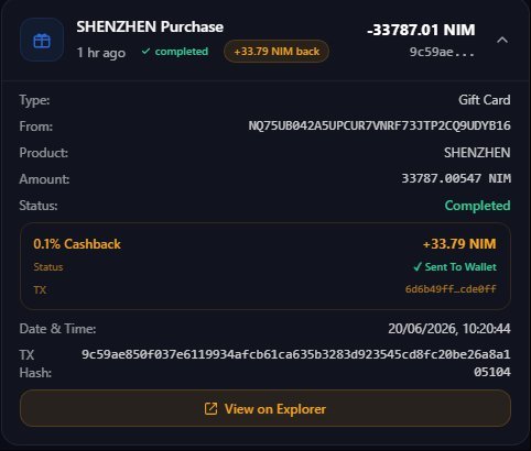 Transaction confirmation for a 'SHENZHEN Purchase' of -33787.01 NIM (Gift Card), marked as completed with a +33.79 NIM cashback, displaying transaction hash details.