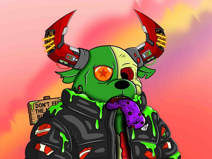 A digital illustration of a green zombie-like dog character with one orange star eye and mechanical red horns, wearing a torn black jacket with green slime, holding a purple tentacle/donut, and a wooden sign that reads "DON'T FEED THE...".