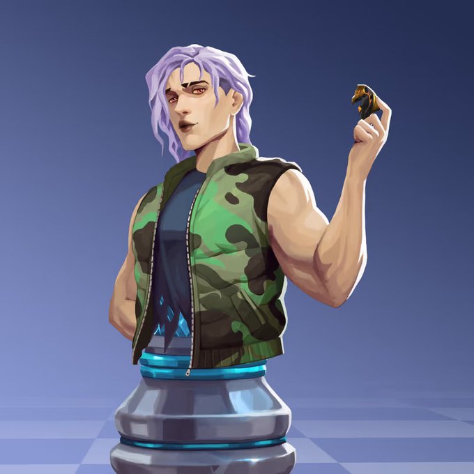 A stylized 3D bust of a purple-haired anime character wearing a green camouflage vest, holding up a small golden Anichess piece in his raised hand, which matches the chess-themed giveaway promotion featuring the $CHECK token.