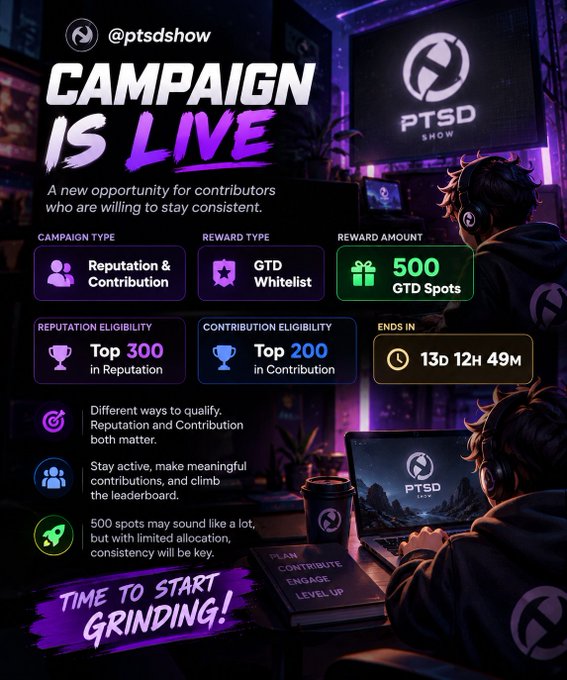 A dark-themed promotional poster for '@ptsdshow' announcing 'CAMPAIGN IS LIVE' with details about Reputation & Contribution rewards, GTD Whitelist, 500 GTD Spots, and a countdown of '13d 12h 49M'.