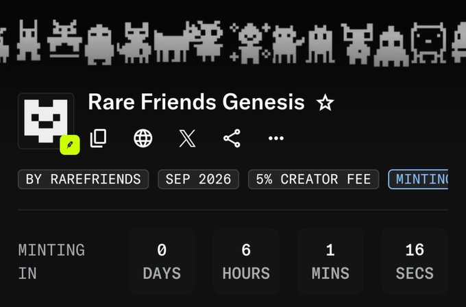 A countdown timer showing "Rare Friends Genesis" minting in 0 days, 6 hours, 1 minute, and 16 seconds, created by RareFriends with a 5% creator fee, scheduled for September 2026. The image directly supports the post's excitement about the RareFriends NFT mint opportunity, displaying the imminent launch details for this free mint collection.