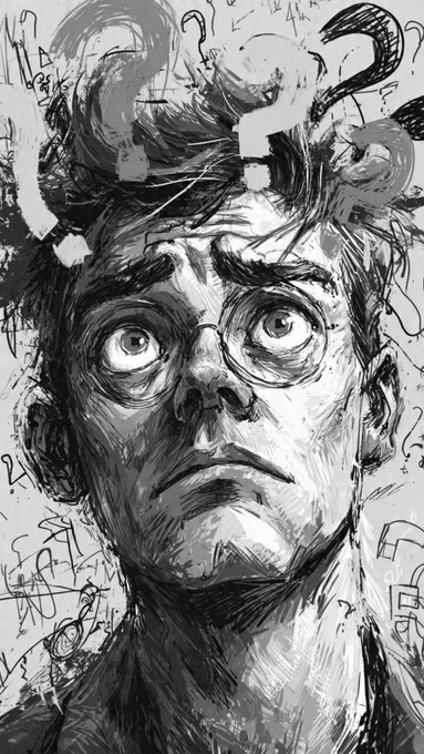 A black and white illustration of a man with glasses looking upwards with wide, anxious eyes, featuring question marks and chaotic scribbles around his head.