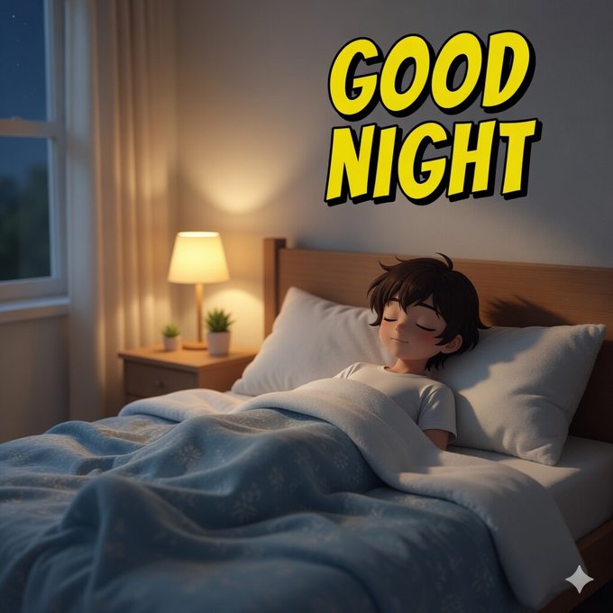 An illustration of a boy sleeping peacefully in bed at night with 'GOOD NIGHT' text overlay in yellow.