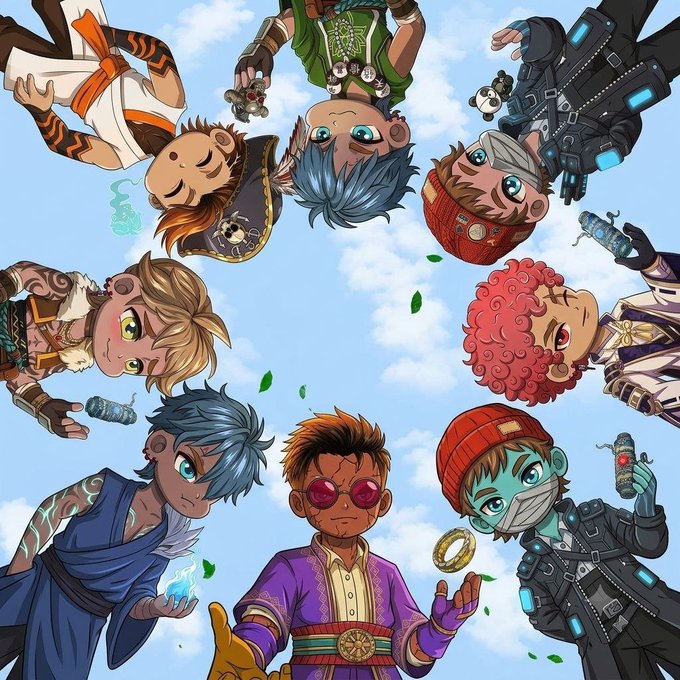 A group of stylized anime/chibi characters are arranged in a circle viewed from below against a blue sky, with the central character wearing a purple outfit and red sunglasses, surrounded by diverse characters in various colorful costumes.