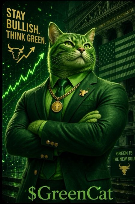 A bullish crypto-themed poster featuring an anthropomorphic green cat in a suit with a Bitcoin medallion, set against the New York Stock Exchange with the text 'STAY BULLISH. THINK GREEN.' and '$GreenCat'.