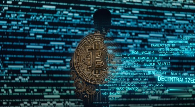 A gold Bitcoin coin overlaid with digital code, transaction IDs, and blockchain data including 'BTC TRANSACTION ID', 'BLOCK 784912', and 'HASH_0x1aF4' against a blue data-stream background.