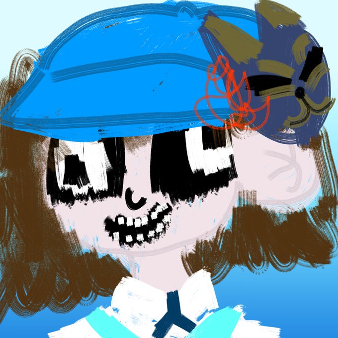 A crude MS Paint-style drawing of a girl with a blue cap, brown hair, large black rectangular eyes, and a toothy grin.