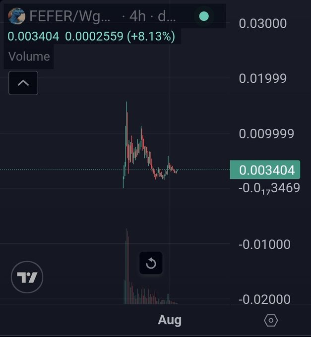 A cryptocurrency chart showing "FEFER/Wg..." at 0.003404, up 8.13%, with price spikes in August.
