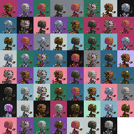 A grid displaying numerous small pixel art character sprites in various colors against a dark background.