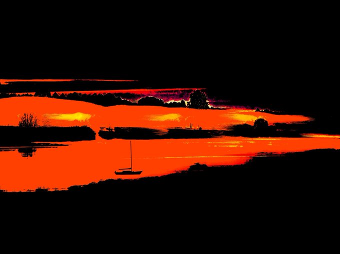 Stark black-and-orange stylized image showing the silhouette of a sailboat on water against a vibrant sunset sky.
