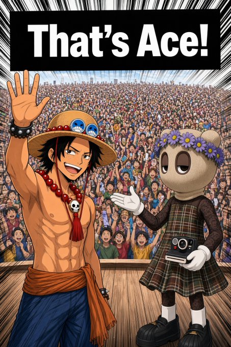 An anime-style meme image showing a shirtless anime character (Ace from One Piece) waving next to a teddy bear mascot wearing a plaid dress and flower crown, with the text 'That's Ace!' displayed at the top before a large stadium crowd.