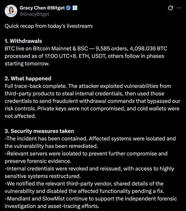 A tweet from Bitget CEO Gracy Chen (@GracyBitget) recapping an investstream, reporting that BTC withdrawals are live on Bitcoin Mainnet and BSC with 9,585 orders and 4,098.036 BTC processed, and explaining that an attacker exploited third-party vulnerabilities to steal internal credentials—while private keys and cold wallets remained secure and the incident has been contained.