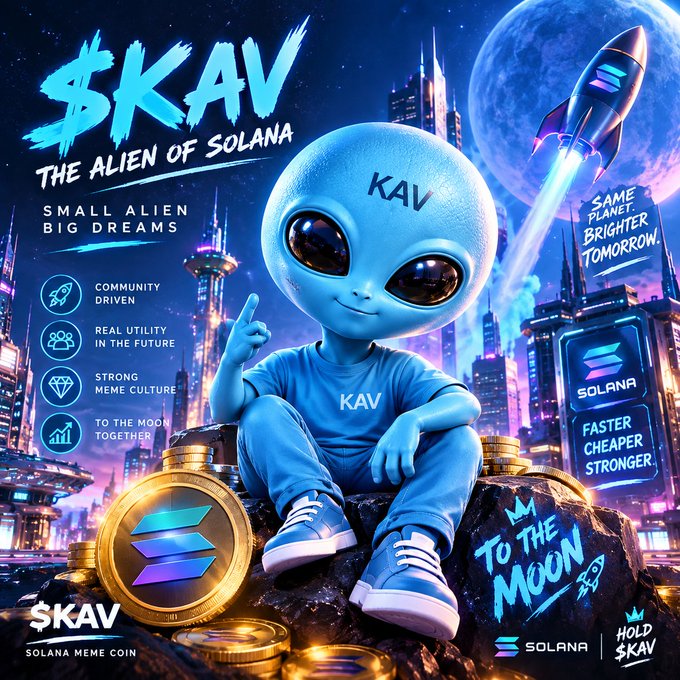 A vibrant digital promotional poster for "$KAV - THE ALIEN OF SOLANA," a Solana meme coin, featuring a blue alien character sitting on coins with text including "Small Alien, Big Dreams," "Community Driven," and "To The Moon."