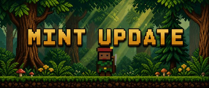 Pixel art banner reading "MINT UPDATE" in orange block letters, featuring a character in green armor standing in a lush forest with mushrooms, flowers, and sunlight filtering through the trees.