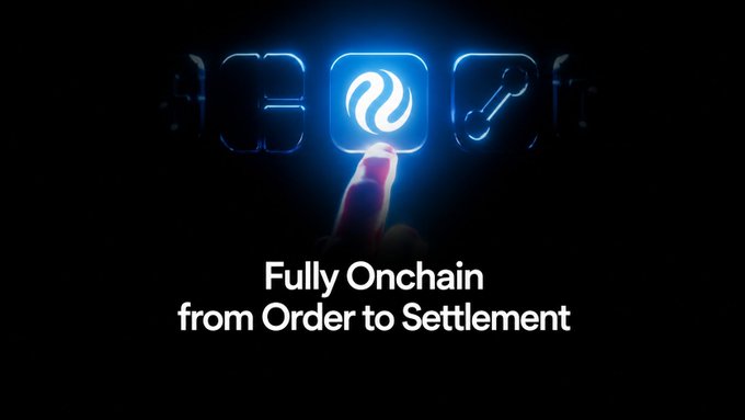 A dark promotional image with the text "Fully Onchain from Order to Settlement" featuring a finger pressing a glowing blue button icon.