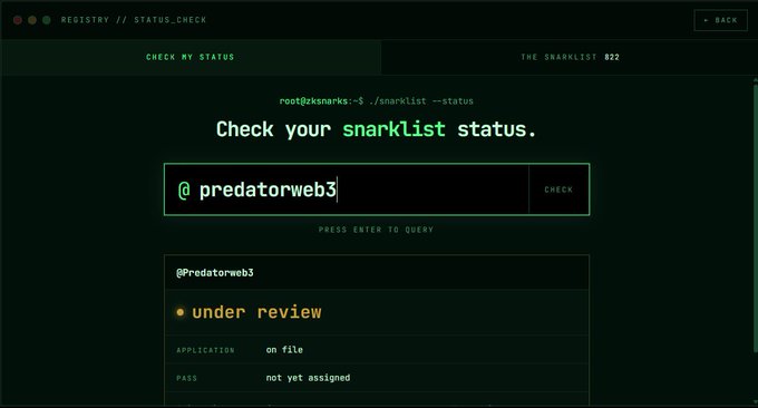 A dark-themed status check interface for snarklist showing '@predatorweb3' with status 'under review', application 'on file', and pass 'not yet assigned'.