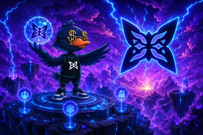 The image features a cartoon character dressed as a bird with wings and sunglasses standing on a platform surrounded by blue neon lights. The character appears to be holding a butterfly-shaped object that has a dollar sign on it, which could possibly represent money or wealth. The background of the image is dark purple with lightning bolts, creating an intense atmosphere. The post includes text that reads "Good Night longer I spend around @quipnetwork", suggesting that the character and its surroundings are part of a larger online community or network.