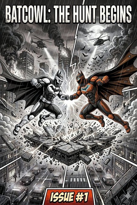 The image features a comic book cover with Batman and Superman fighting each other, surrounded by buildings and cars. The title of the issue is "BATCOWL: THE HUNT BEGINS" and there are two issues numbered 1 and 2 in the series.