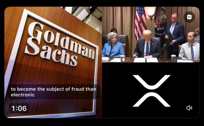 A news thumbnail showing a split screen with the Goldman Sachs sign on the left, President Trump signing documents in the White House on top right, and the XRP logo on bottom right, with text reading 'to become the subject of fraud than electronic'.