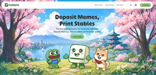 The Purinta website homepage features a cherry-blossom landscape with a frog, a Japanese-style character, and a Shiba Inu, with the headline 'Deposit Memes, Print Stables' and a 'Launch App' button.