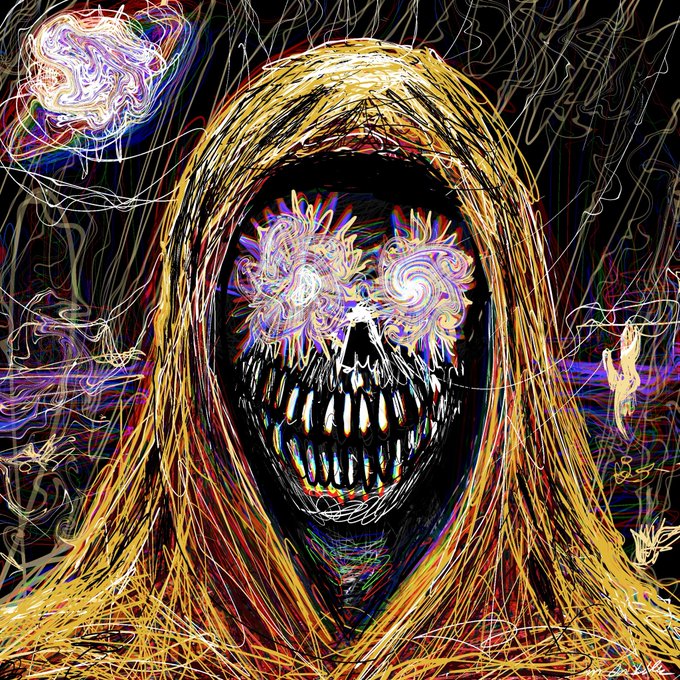 A dark, surreal digital artwork features a hooded figure with a skeletal grin, whose eyes are replaced by swirling, colorful vortexes against a chaotic scribbled background.