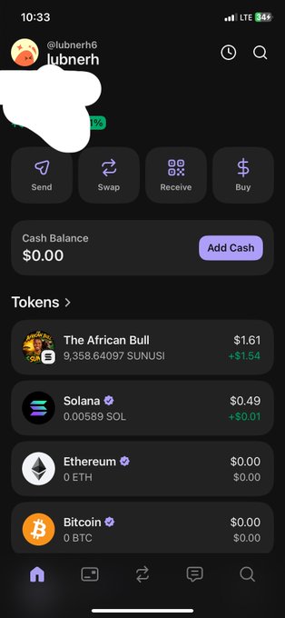 The image shows a crypto wallet app screenshot for user @lubnerh6 displaying a token called "The African Bull" (ticker: SUNUSI) holding 9,358.64097 tokens valued at $1.61 with a +$1.54 gain, directly supporting the post's call to back the $SUNUSI token associated with @SunusiMinjibir.