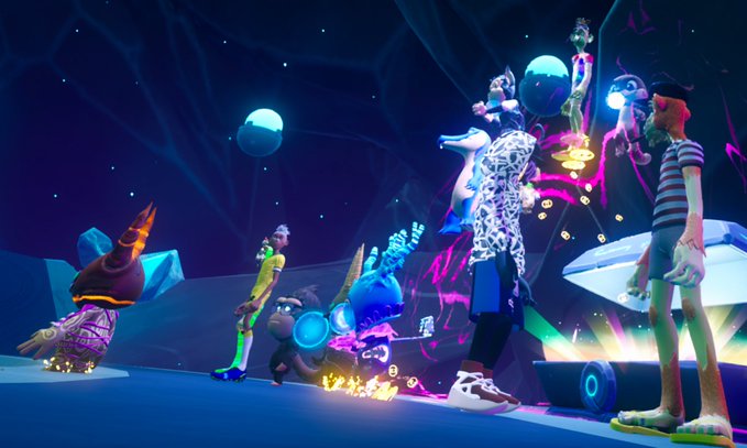 A group of colorful, stylized avatars gather in a vibrant neon-lit cavern with floating crystals and mysterious figures, capturing the chaotic energy of "OtherGamesXYZ Chaos Trials: Phantom Maze" in the Otherside Meta.