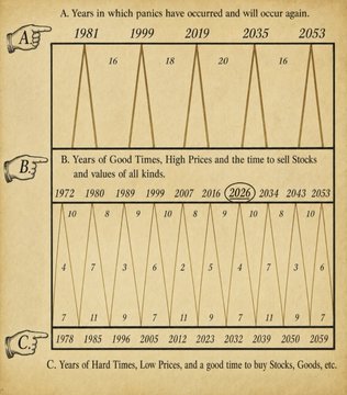 The image displays Samuel Clemmens' (Mark Twain's) 19th-century economic cycle chart predicting recurring years of panics, good times, and hard times through 2053, with 2026 highlighted as a "Year of Good Times" for selling stocks. This relates to the post by suggesting Bitcoin is positioned to benefit during the predicted 2026 market upswing, following its drop to levels not seen since 2018.