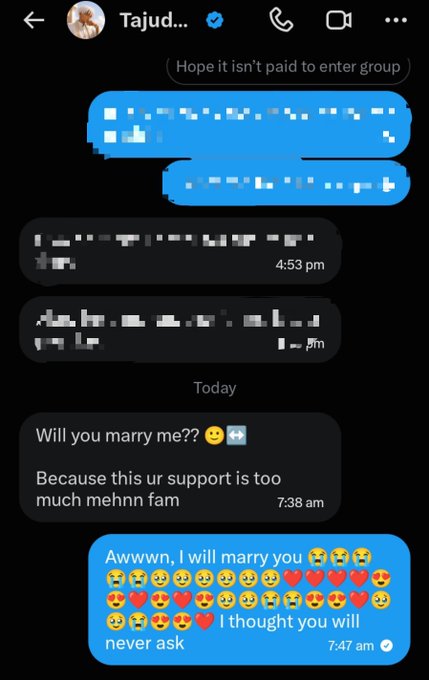 A screenshot of a Messenger chat where someone flirts "Will you marry me?? Because this ur support is too much mehhn fam" at 7:38 am, and the recipient enthusiastically responds with "Awwwn, I will marry you" followed by heart-eyes emojis at 7:47 am, jokingly tying the proposal to crypto support as referenced in the caption.