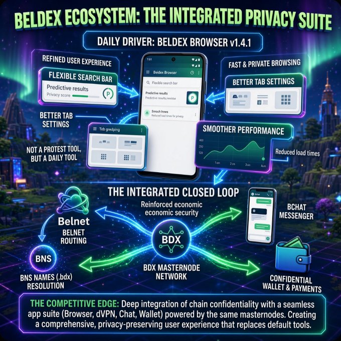A promotional graphic titled 'BELDEX ECOSYSTEM: THE INTEGRATED PRIVACY SUITE' showcasing Beldex Browser v1.4.1 features including flexible search bar, better tab settings, and the BDX masternode network.