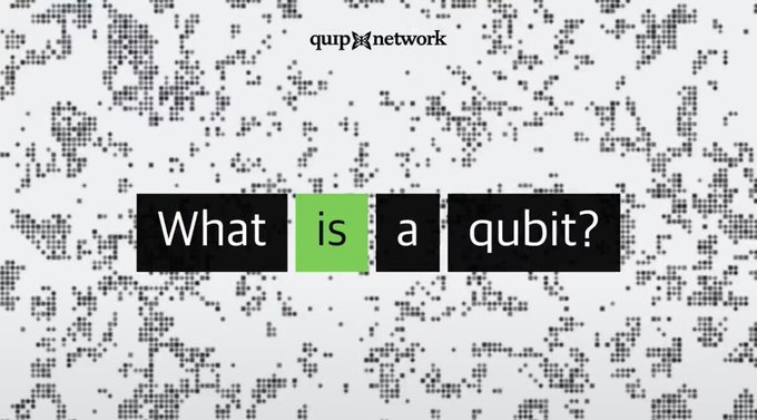 A graphic from qup network featuring the text 'What is a qubit?' against a black-and-white pixelated background pattern.