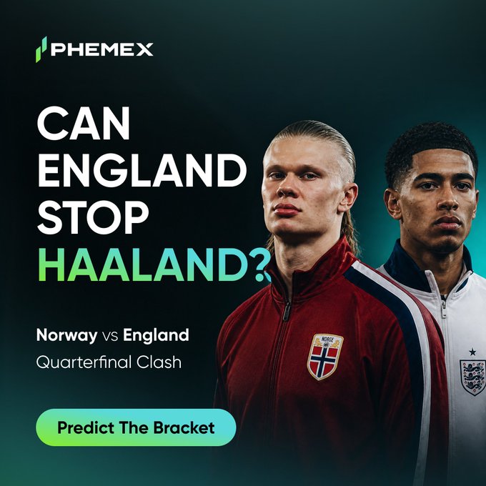 A promotional graphic for Phemex features Norway's Erling Haaland in a red jersey and England's Jude Bellingham in a white jersey, with the text "CAN ENGLAND STOP HAALAND? Norway vs England Quarterfinal Clash" and a "Predict The Bracket" button. The image highlights the two star players central to the accompanying post's comparison of Haaland's 7 goals to Kane's 6, framing the high-stakes quarterfinal matchup.