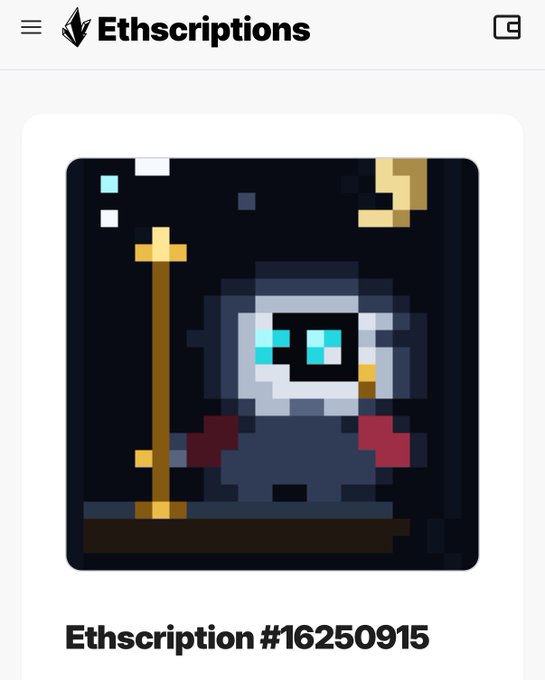 A screenshot of an Ethscriptions web page displaying a pixelated image of a character holding a staff, labeled 'Ethscription #16250915'.