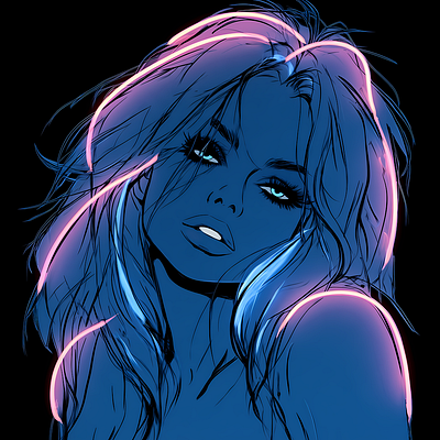 A digital illustration features a stylized woman's face rendered in deep blue with glowing pink and purple neon light accents.